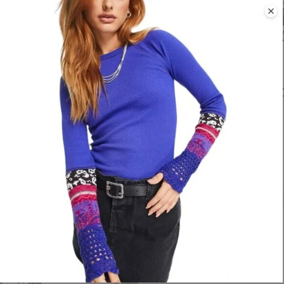 FREE PEOPLE In The Mix Cuff Thermal Waffle Shirt Size Medium - Picture 2 of 11